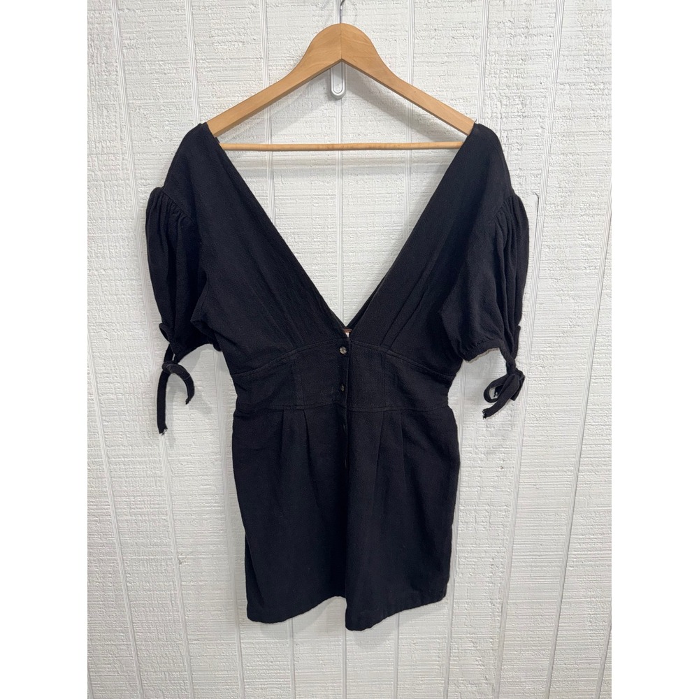 Free People Romper Women Black Deep V-Neck Puff Sleeve Button Front Small